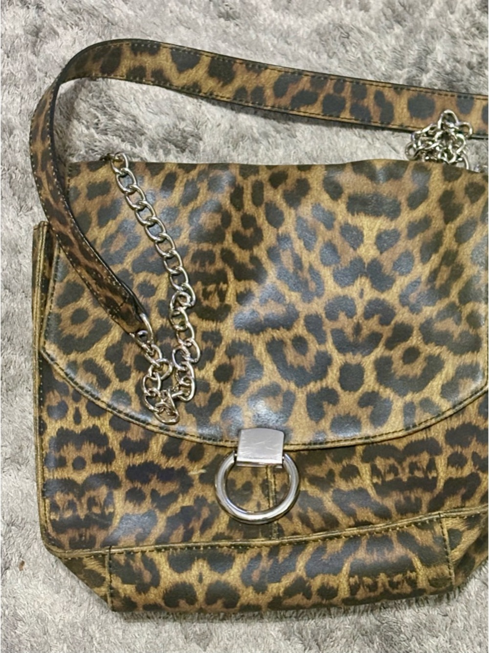 Leopard Print Crossbody Shoulder Bag with Chain Detail - Brown